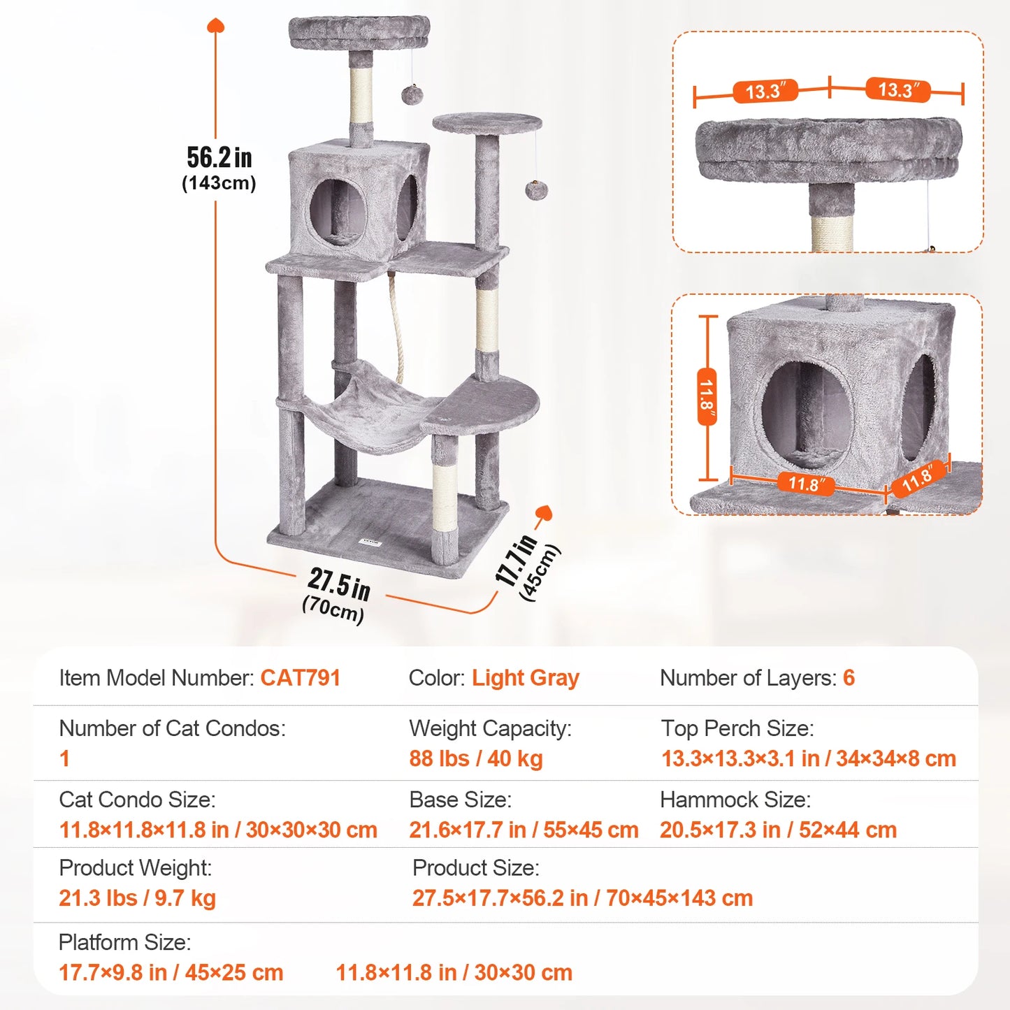 Cat Tree for Indoor Cats 45.2" Cat Tower with Cat Condo Sisal Scratching Post Hammock Top Perch Jumping Platforms Dark Grey