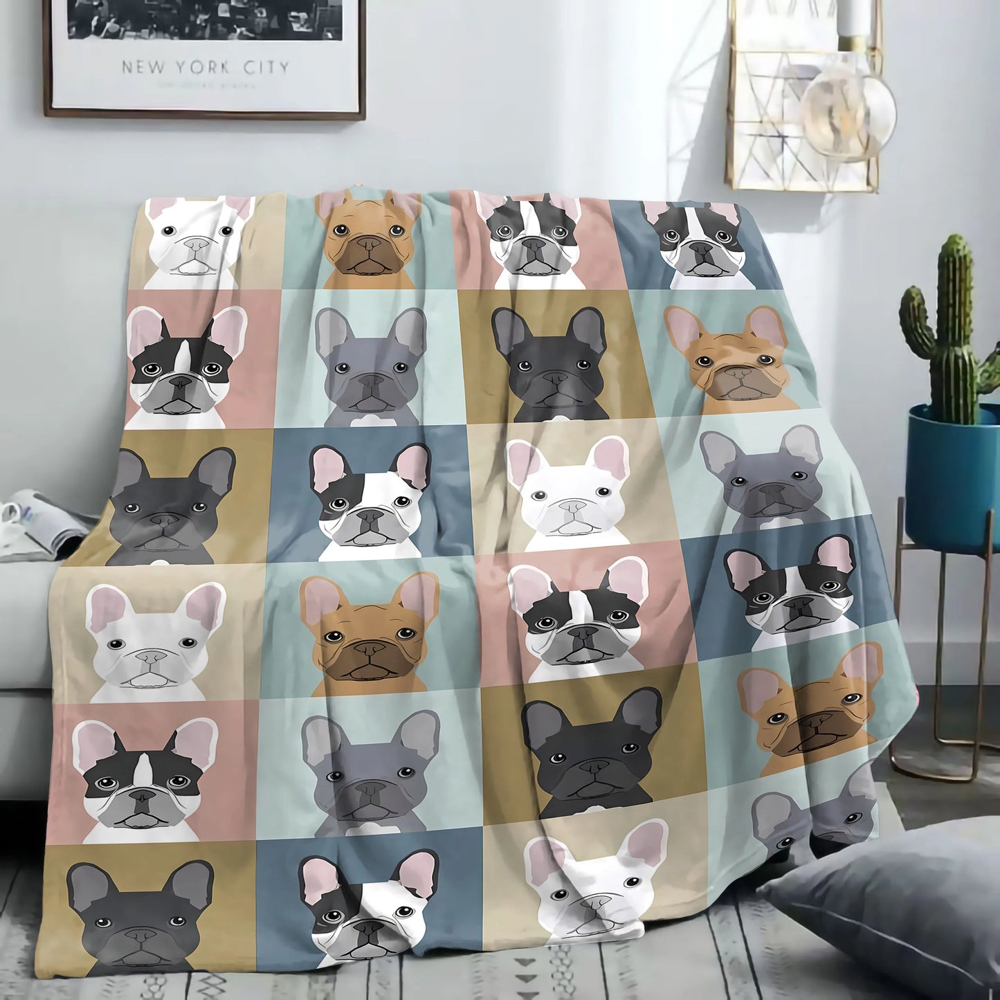 French Bulldog Puzzle Pattern Flannel Throw Blanket - Soft Mid-Century Style Digital Print Knitted Polyester, All-Season Cozy