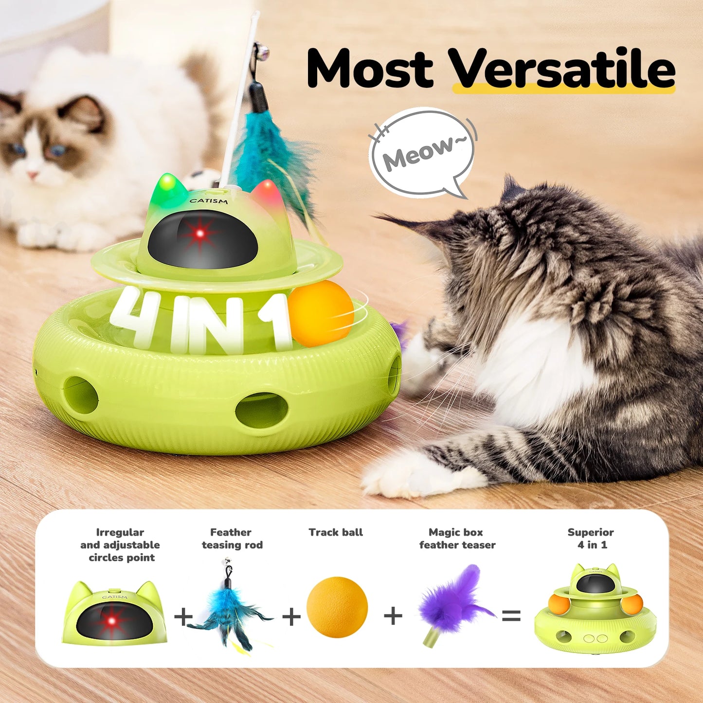 Upgraded Pet Toys Cat Toys, KM25 Magic Box Cat Teaser, Yellow-green with base feather, head butterfly, blue ball