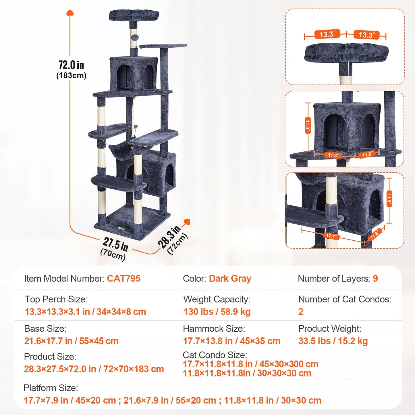 Cat Tree for Indoor Cats 45.2" Cat Tower with Cat Condo Sisal Scratching Post Hammock Top Perch Jumping Platforms Dark Grey