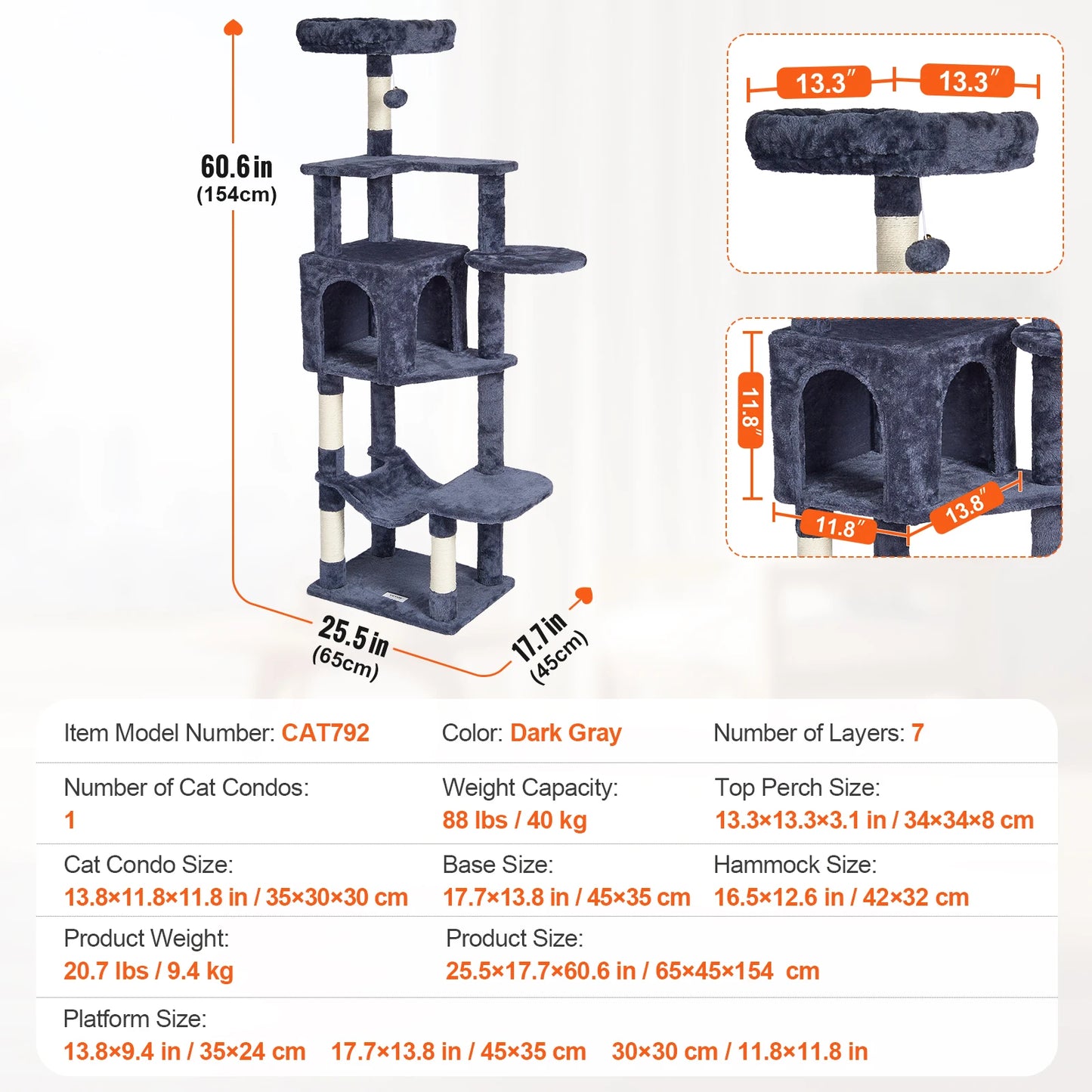 Cat Tree for Indoor Cats 45.2" Cat Tower with Cat Condo Sisal Scratching Post Hammock Top Perch Jumping Platforms Dark Grey