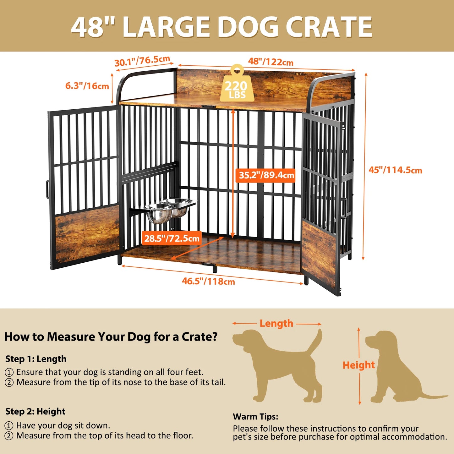 JDPAG Large Dog Crate, Dog Kennel Furniture Indoor with 2 Adjustable Bowls, Heavy Duty Dog Cage,