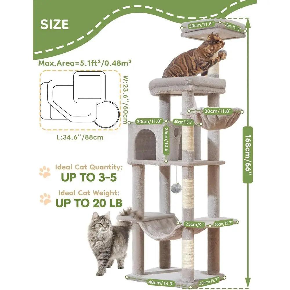66 Large Cat Tower with Scratching Posts, Plush Hammock, Adjustable Basket, and Top Perch in Light Gray