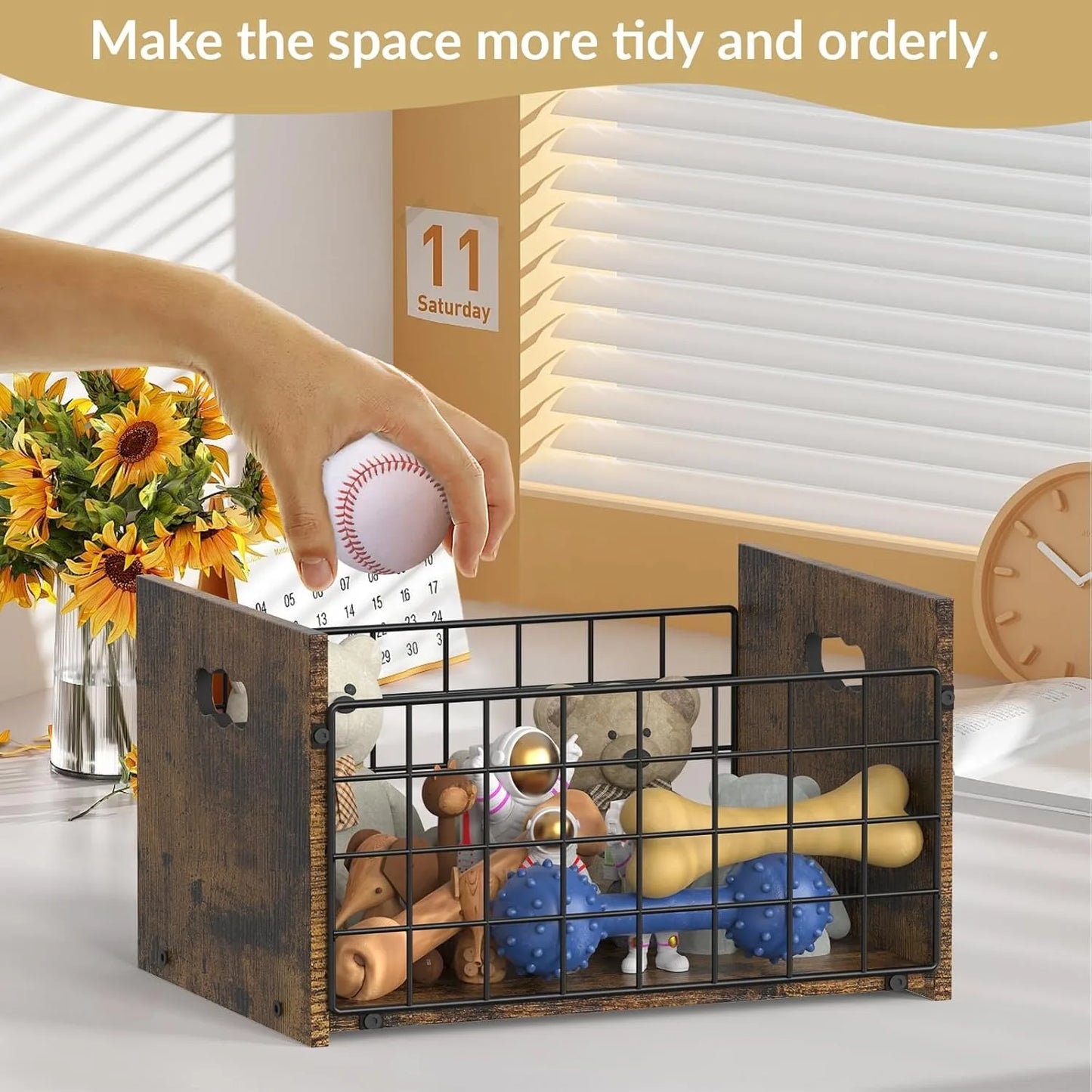 Metal & Wood Dog Toy Organizer | Heavy-Duty Basket w/ Dividers for Toys/Leash | Small Dogs & Puppy Pet Storage
