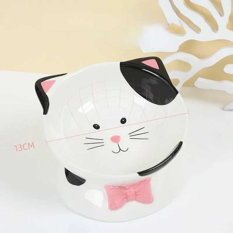 Cartoon Ceramic High Foot Cat Bowl Black and White Contrast Cat Head Large Bowl Mouth Cat Food Bowl