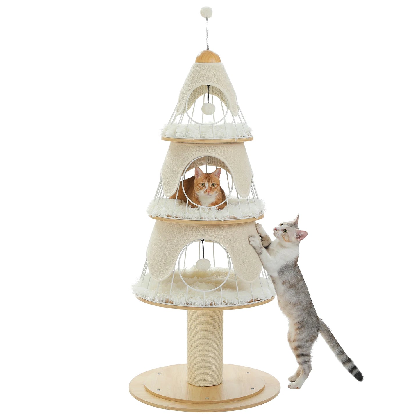 Christmas Cat Tree Tower with 3 Cozy Condos & Pompoms Multi-Level Cat House Bed for Indoor Cats Modern Cat Furniture Cat Toys
