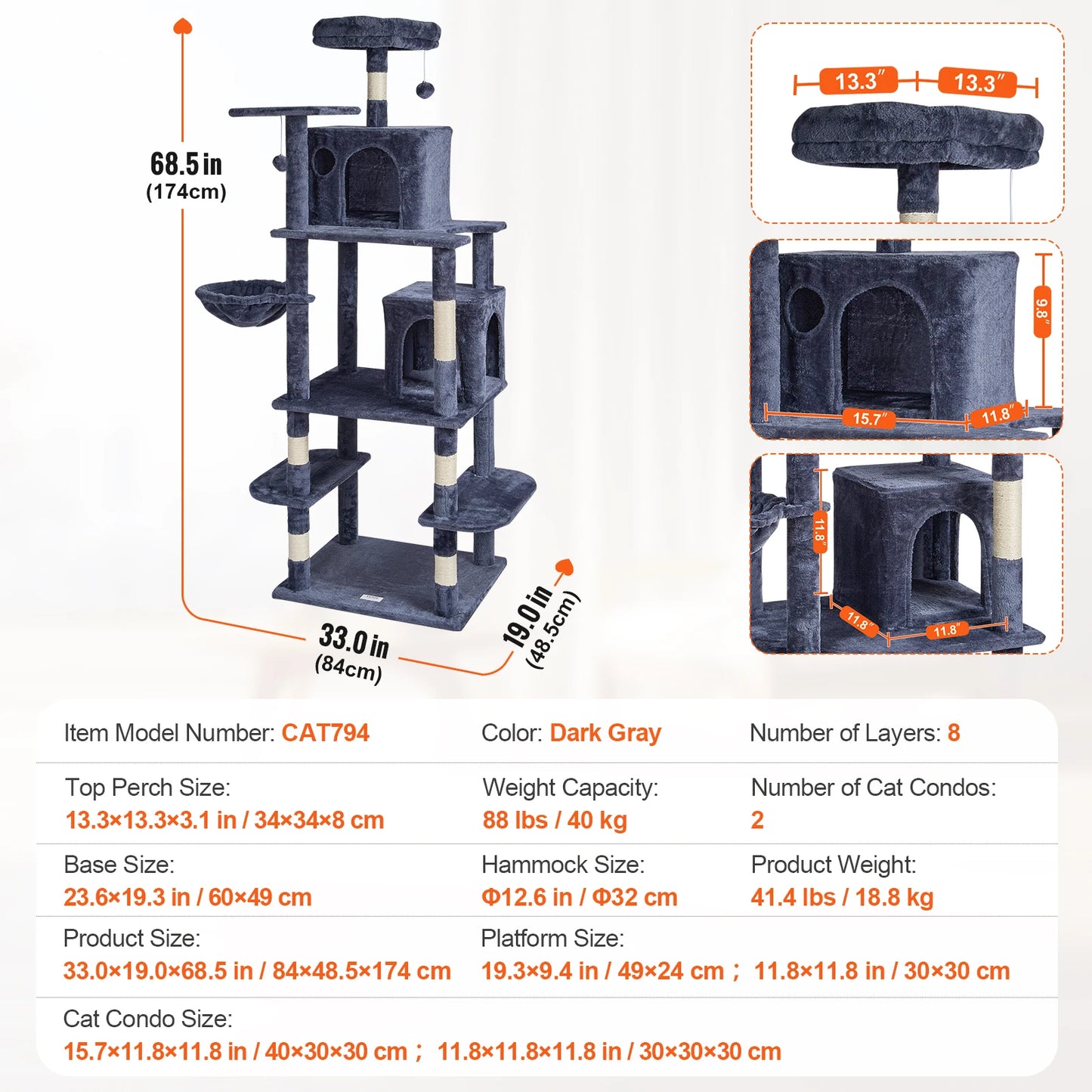 Cat Tree for Indoor Cats 45.2" Cat Tower with Cat Condo Sisal Scratching Post Hammock Top Perch Jumping Platforms Dark Grey