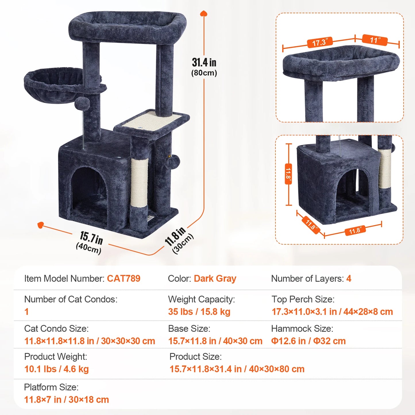Cat Tree for Indoor Cats 45.2" Cat Tower with Cat Condo Sisal Scratching Post Hammock Top Perch Jumping Platforms Dark Grey