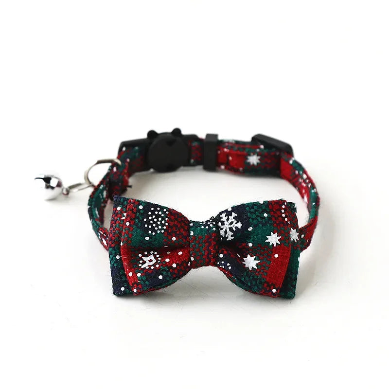Christmas Bowknot Cat Small Dog Collar with Bell Plaid Snowflake Adjustable Breakaway Pet Puppy Kitten Buckle Necklace