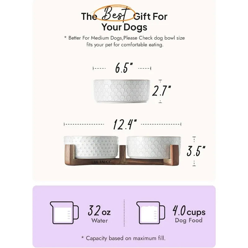 Dog Bowls Ceramic, Bowl Set with Acacia Wood Stand, 3 Cups Dog Food and Water Bowl for Small Medium Sized, Pet Bowls