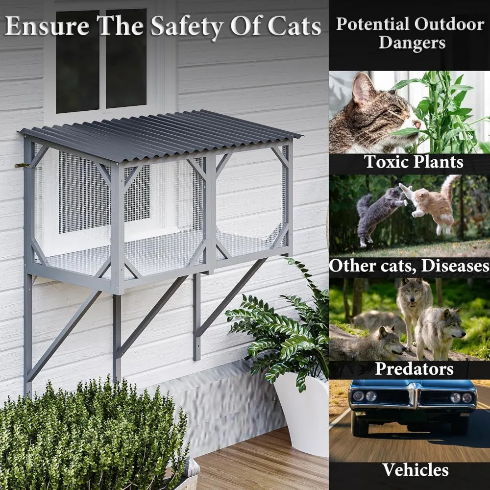 Cat Window Box, 43.3" Catio Outdoor Cat Enclosure for Sunbathing, Napping & Overlooking, Sturdy Window Perch for Large Indoor C