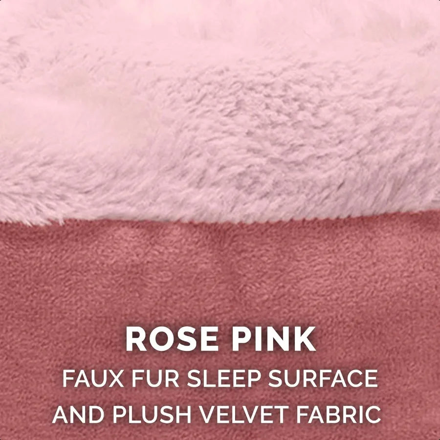 24 Round Calming Donut Dog Bed for Indoor Cats Small Dogs Washable For Dogs Up to 20 lbs Plush Veet Waves Hooded Donut Bed Rose