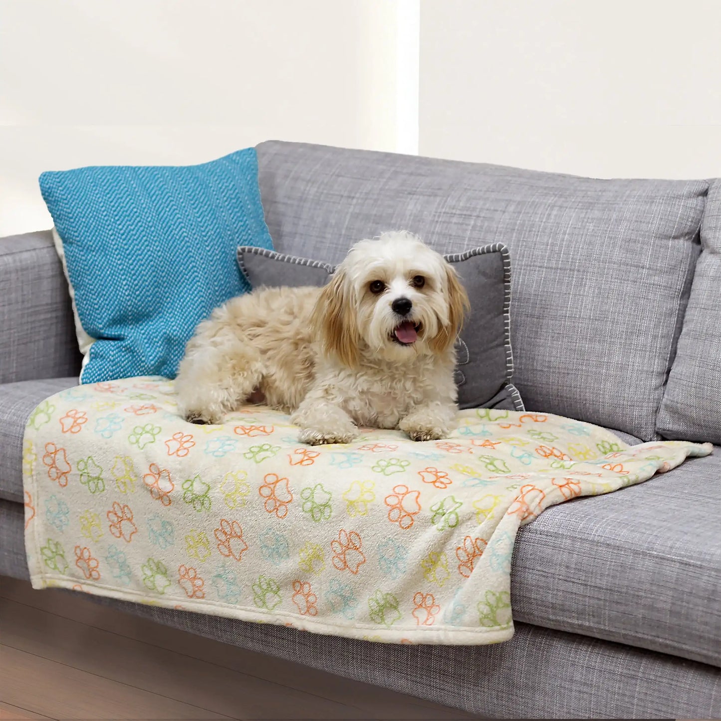 Medium Cozy Plush Throw Blanket for Cats & Dogs, Multi-Color Paw Print