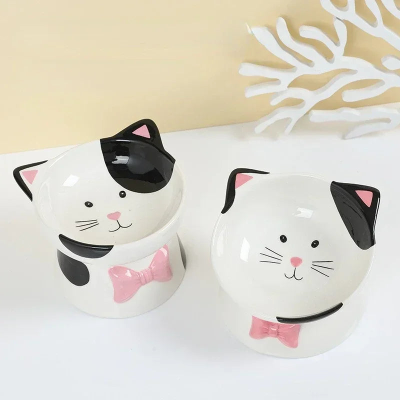 Cartoon Ceramic High Foot Cat Bowl Black and White Contrast Cat Head Large Bowl Mouth Cat Food Bowl