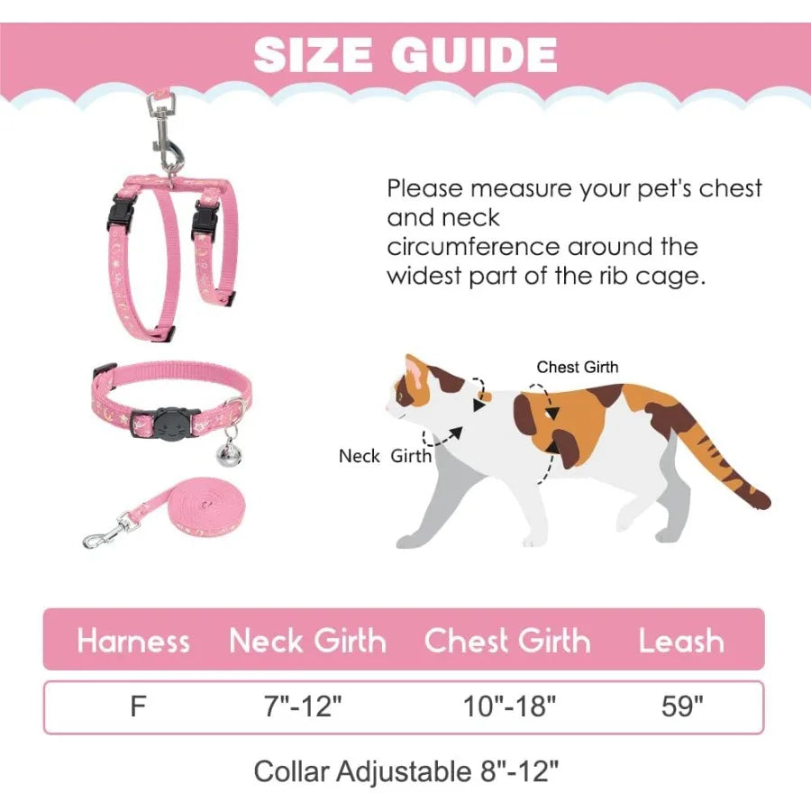 Escape Proof Adjustable HShaped Cat Harness with Leash and Collar Set Featuring Star and Moon Pattern Glow in the Dark Design I