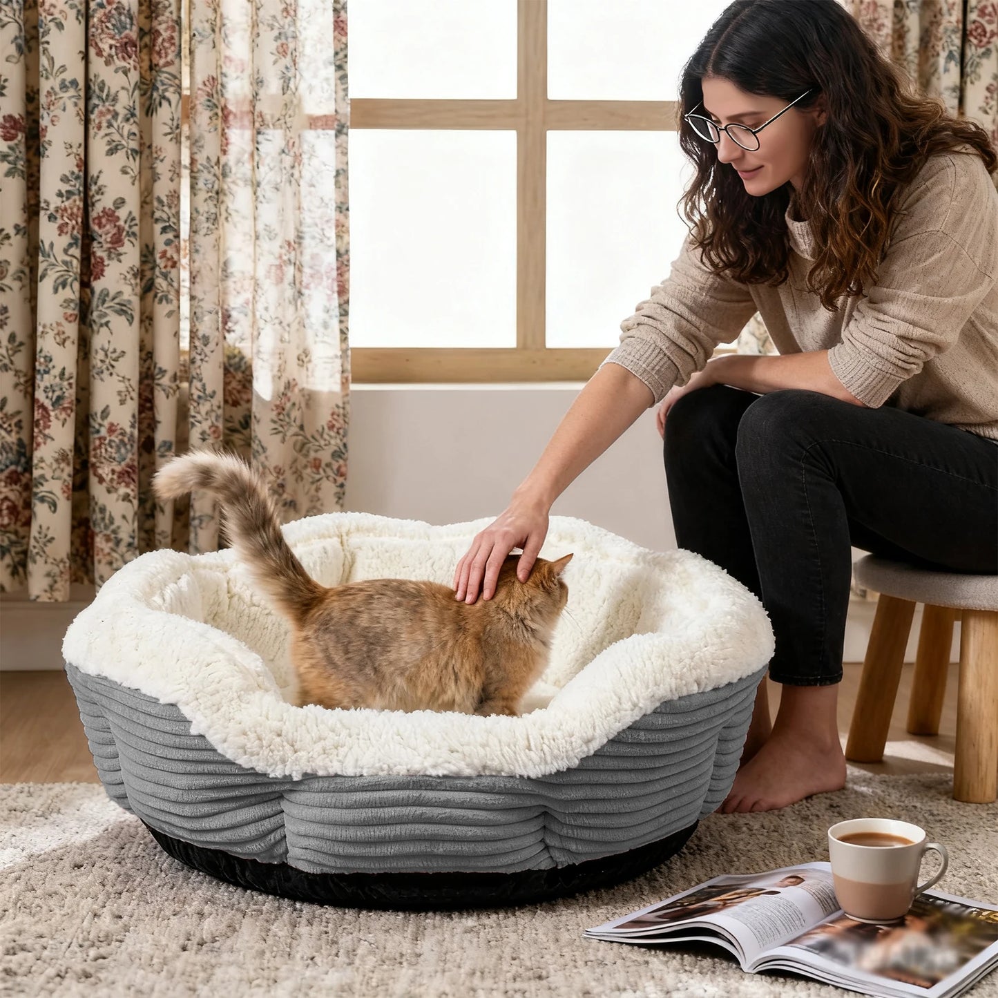 Heated Pet Bed, Machine Washable Thickened Plush Cat Dog Bed - Soft Durable Winter Warm Cushion