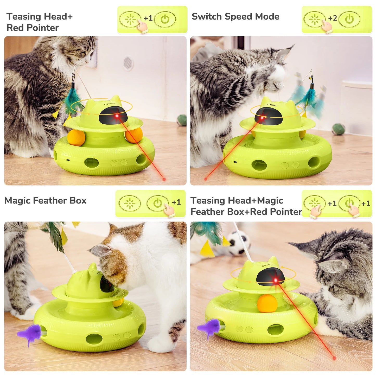 Upgraded Pet Toys Cat Toys, KM25 Magic Box Cat Teaser, Yellow-green with base feather, head butterfly, blue ball