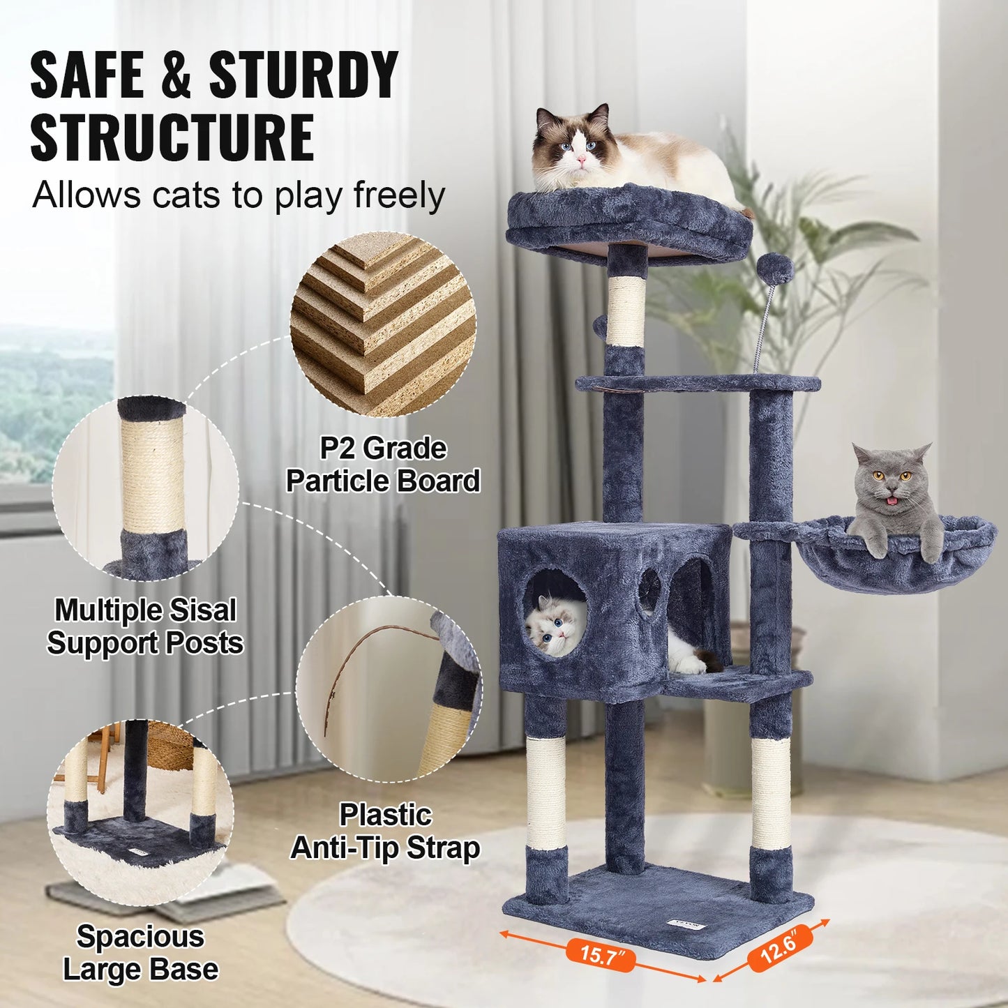 Cat Tree for Indoor Cats 45.2" Cat Tower with Cat Condo Sisal Scratching Post Hammock Top Perch Jumping Platforms Dark Grey