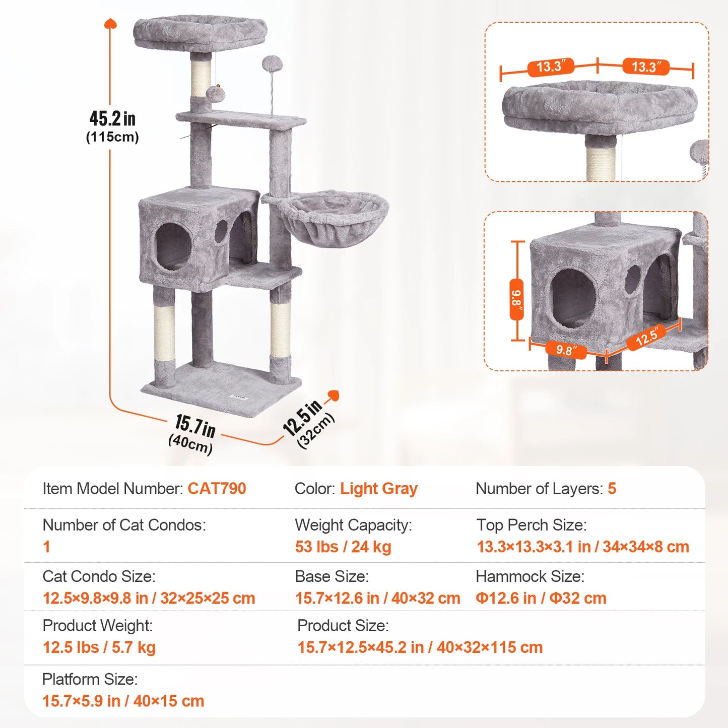 Cat Tree for Indoor Cats 45.2" Cat Tower with Cat Condo Sisal Scratching Post Hammock Top Perch Jumping Platforms Dark Grey