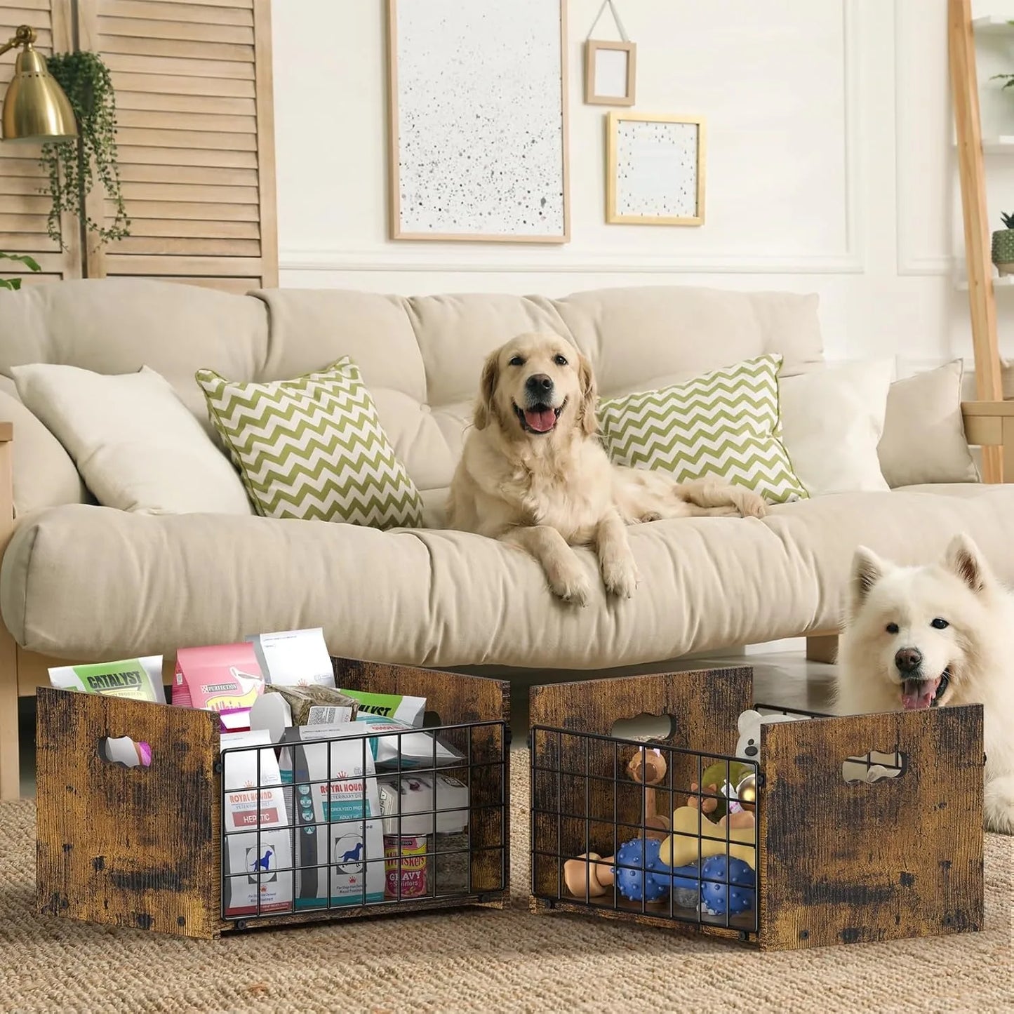Metal & Wood Dog Toy Organizer | Heavy-Duty Basket w/ Dividers for Toys/Leash | Small Dogs & Puppy Pet Storage
