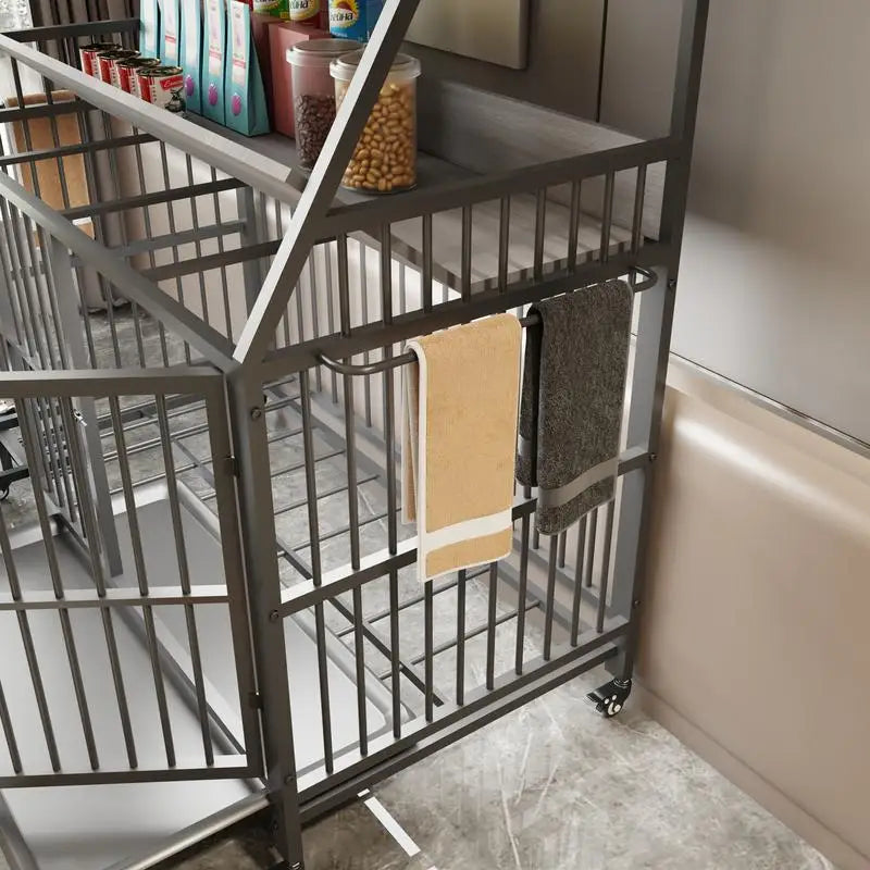 Large Pet Cage with Storage Rack and Drawers, Stainless Steel Food and Water Bowls, Double-Layer Iron Frame and MDF Storage,