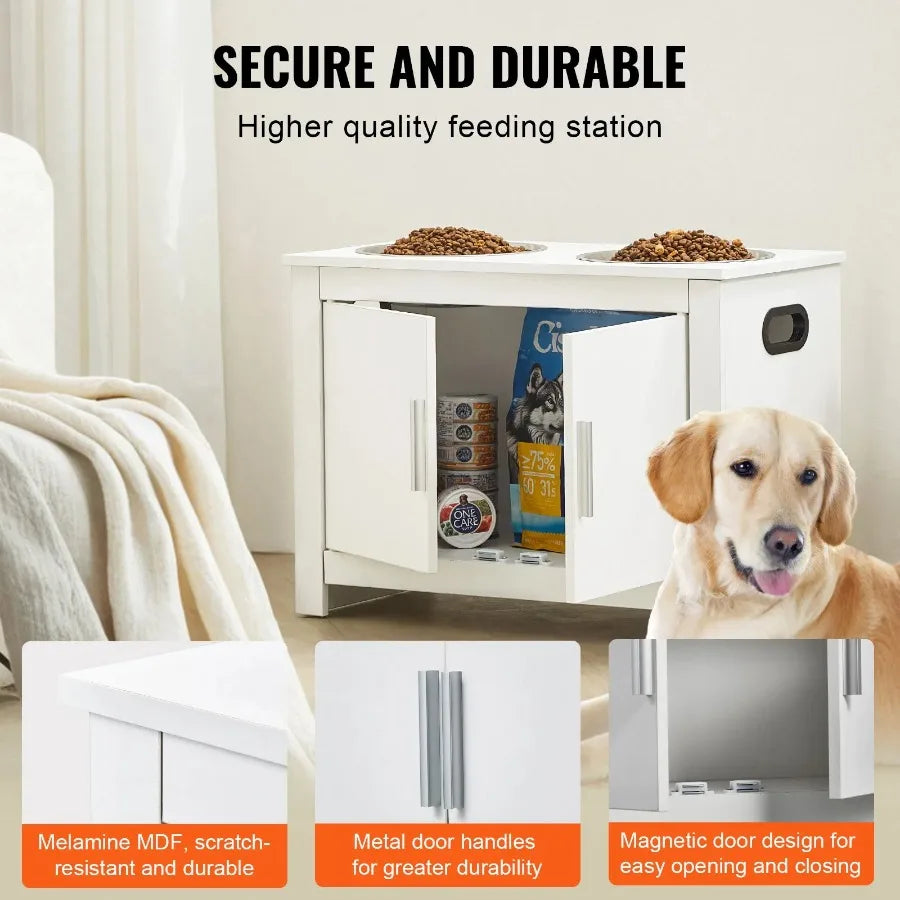 Pet Feeding Station w/ 2 Elevated Dog Bowls Dog Food and Toy Storage Cabinet