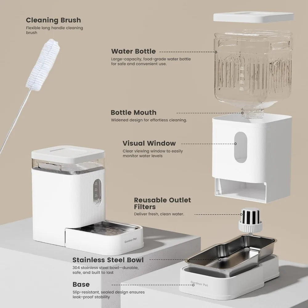 Garnder Pet Automatic Dog Water Dispenser Gravity Waterer with Stainless Steel Bowl Water Dispenser 6.5L Large Capacity Water Fe