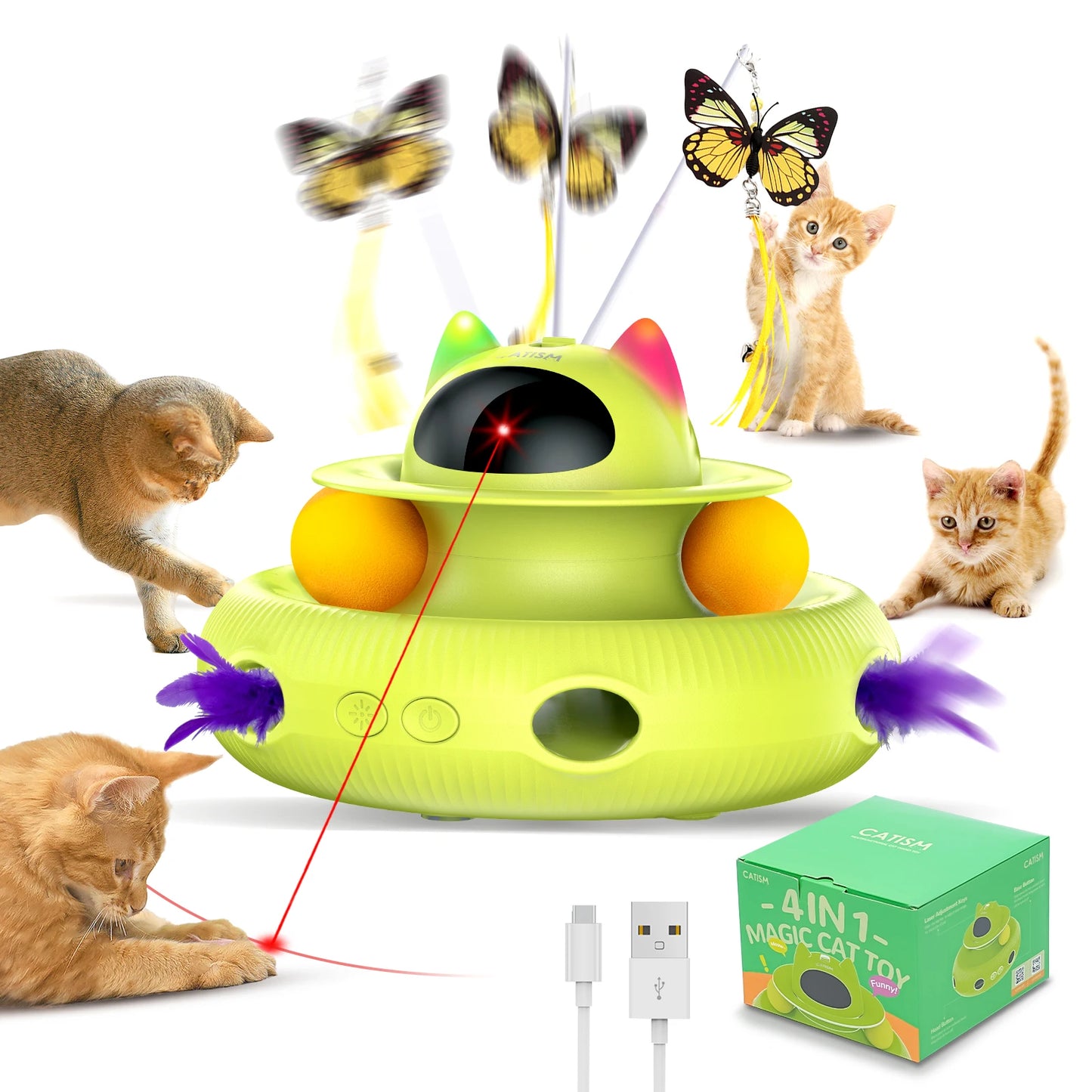 Upgraded Pet Toys Cat Toys, KM25 Magic Box Cat Teaser, Yellow-green with base feather, head butterfly, blue ball