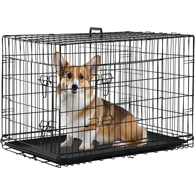 Large Dog Crate Kennel for Medium Large Dogs Metal Dog Cage Double-Door Folding Travel Indoor Outdoor Puppy