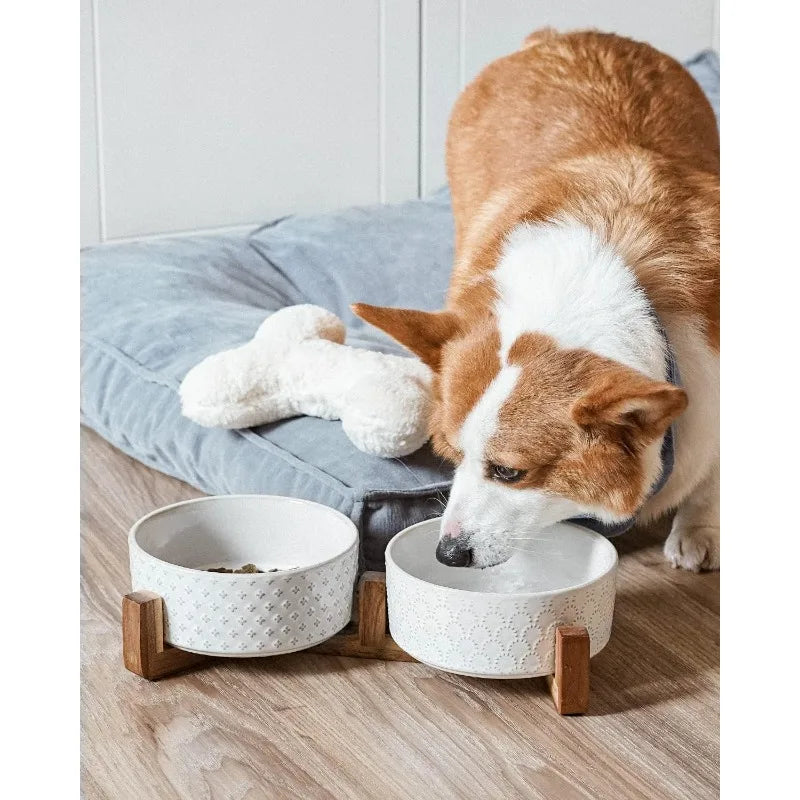 Dog Bowls Ceramic, Bowl Set with Acacia Wood Stand, 3 Cups Dog Food and Water Bowl for Small Medium Sized, Pet Bowls