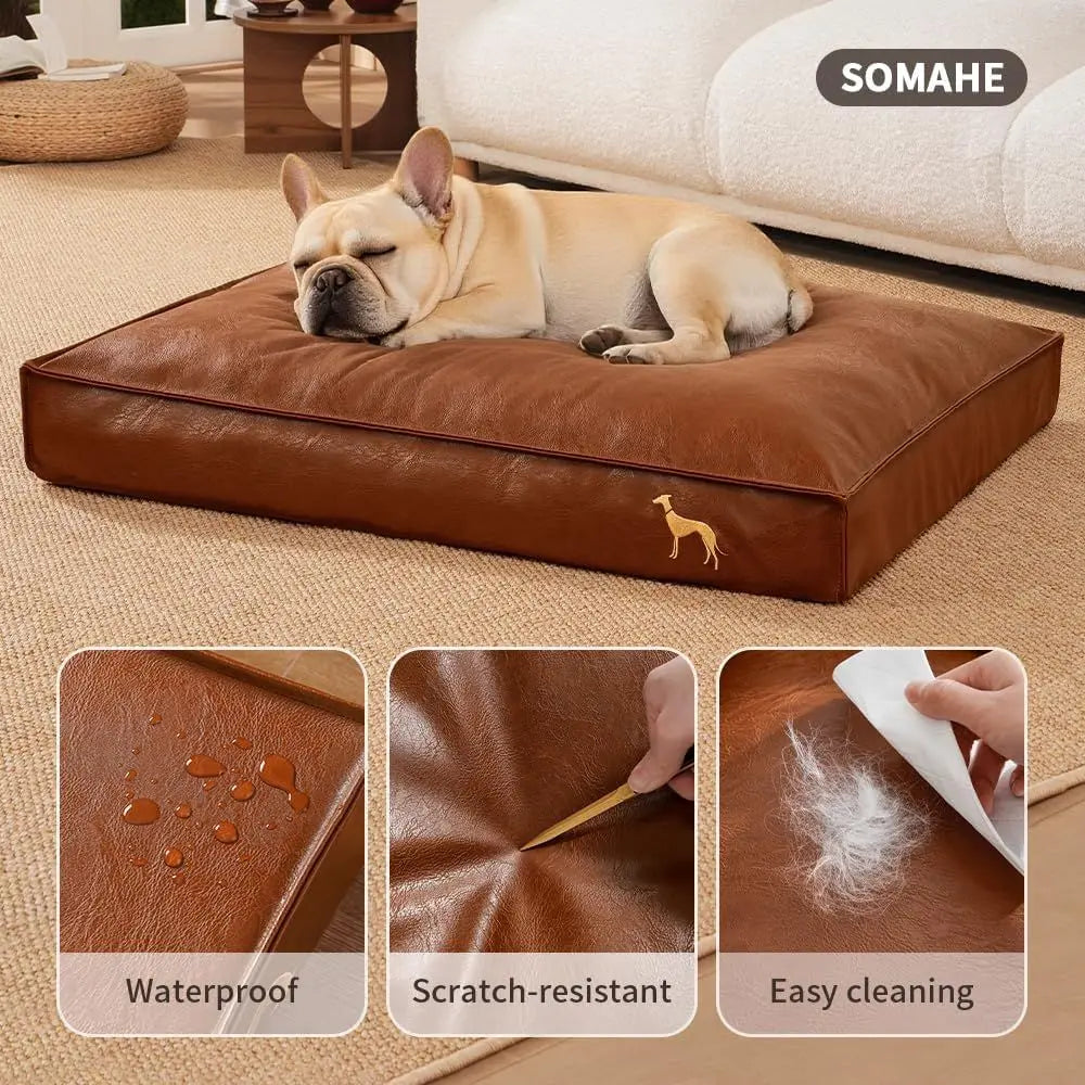 Orthopedic Dog Bed for Medium & Small Dogs - Removable, Washable PU Leather Cover, Waterproof, Brown, 27.5x19.6x4
