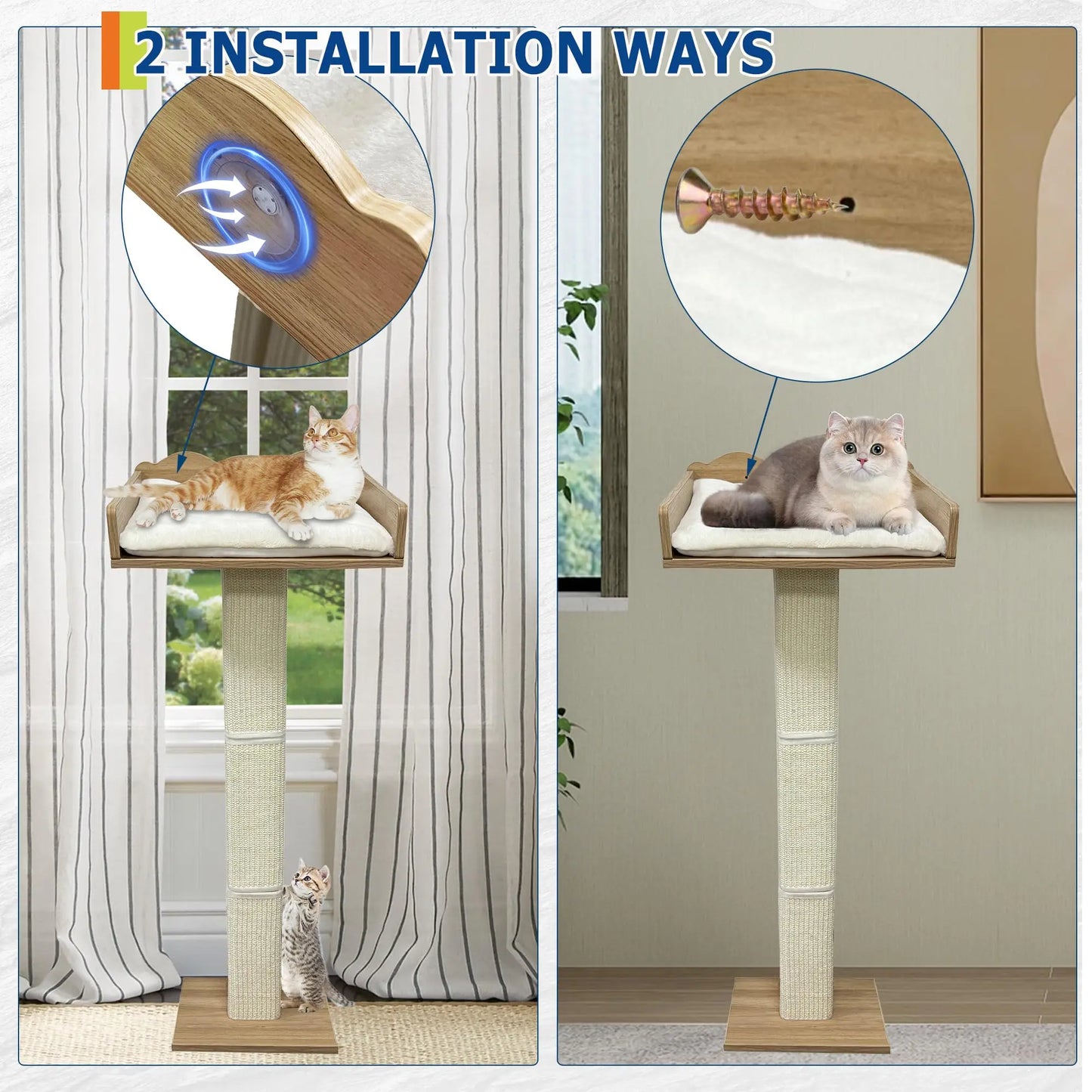 Window Cat Tree Cat Perch with Tall Scratching Posts and 2 Platforms, 40" Sisal Climbing Kitten Tree Hammmock with Suction Cups,