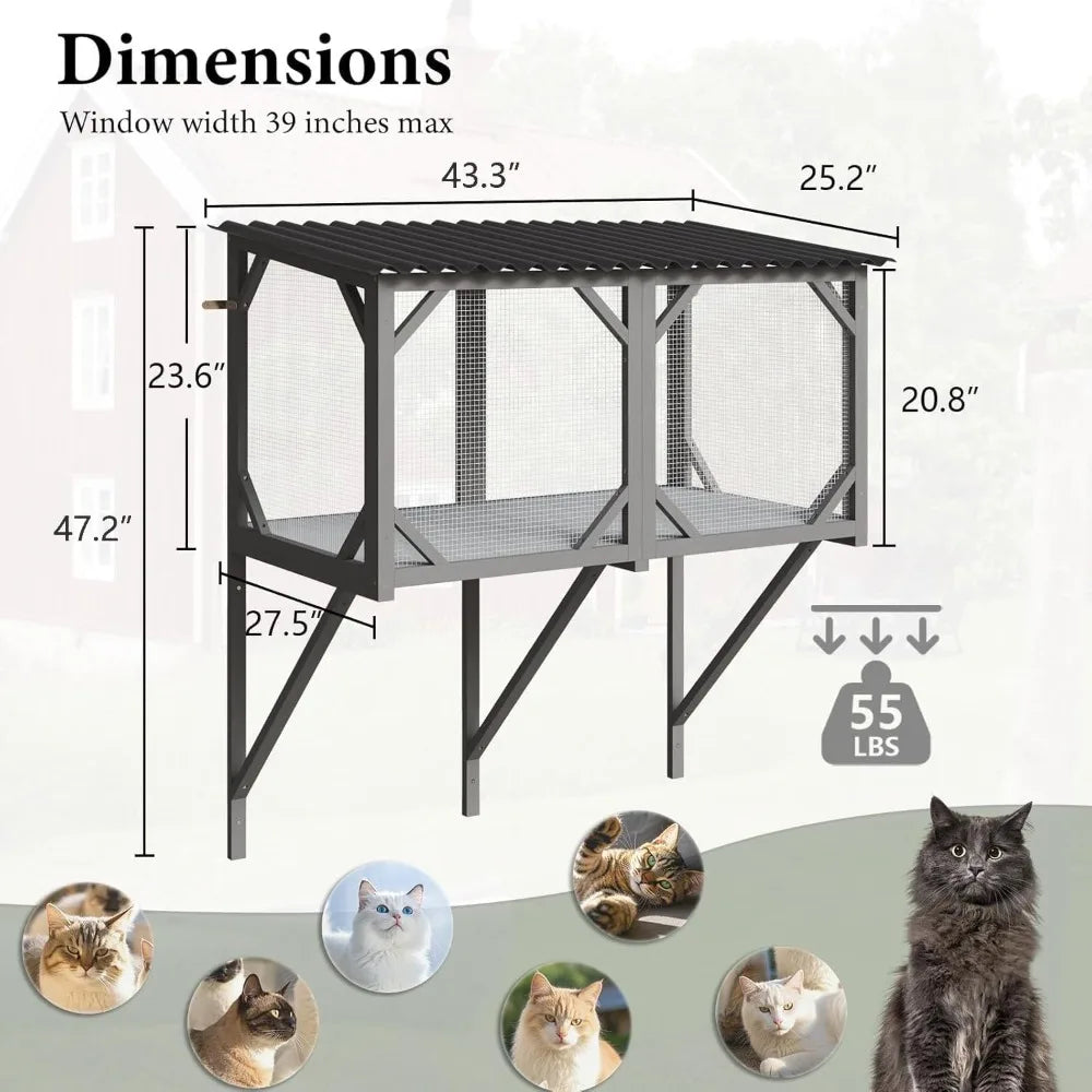 Cat Window Box, 43.3" Catio Outdoor Cat Enclosure for Sunbathing, Napping & Overlooking, Sturdy Window Perch for Large Indoor C