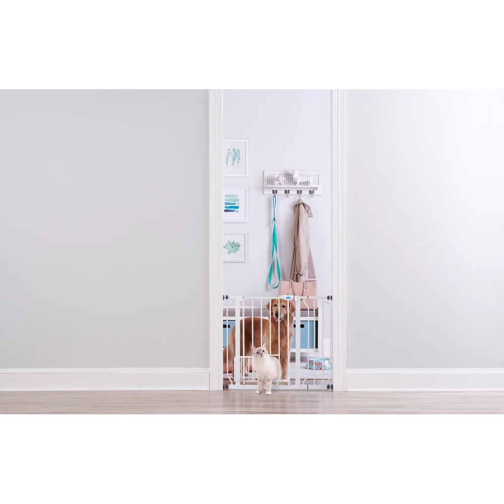 Extra Wide Metal Dog Pet Gate with Small Door One Hand Opening Quick Assembly Neutral Color Home Safety