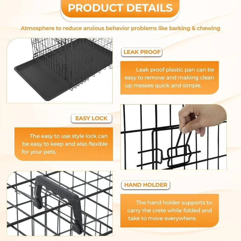Large Dog Crate Kennel for Medium Large Dogs Metal Dog Cage Double-Door Folding Travel Indoor Outdoor Puppy