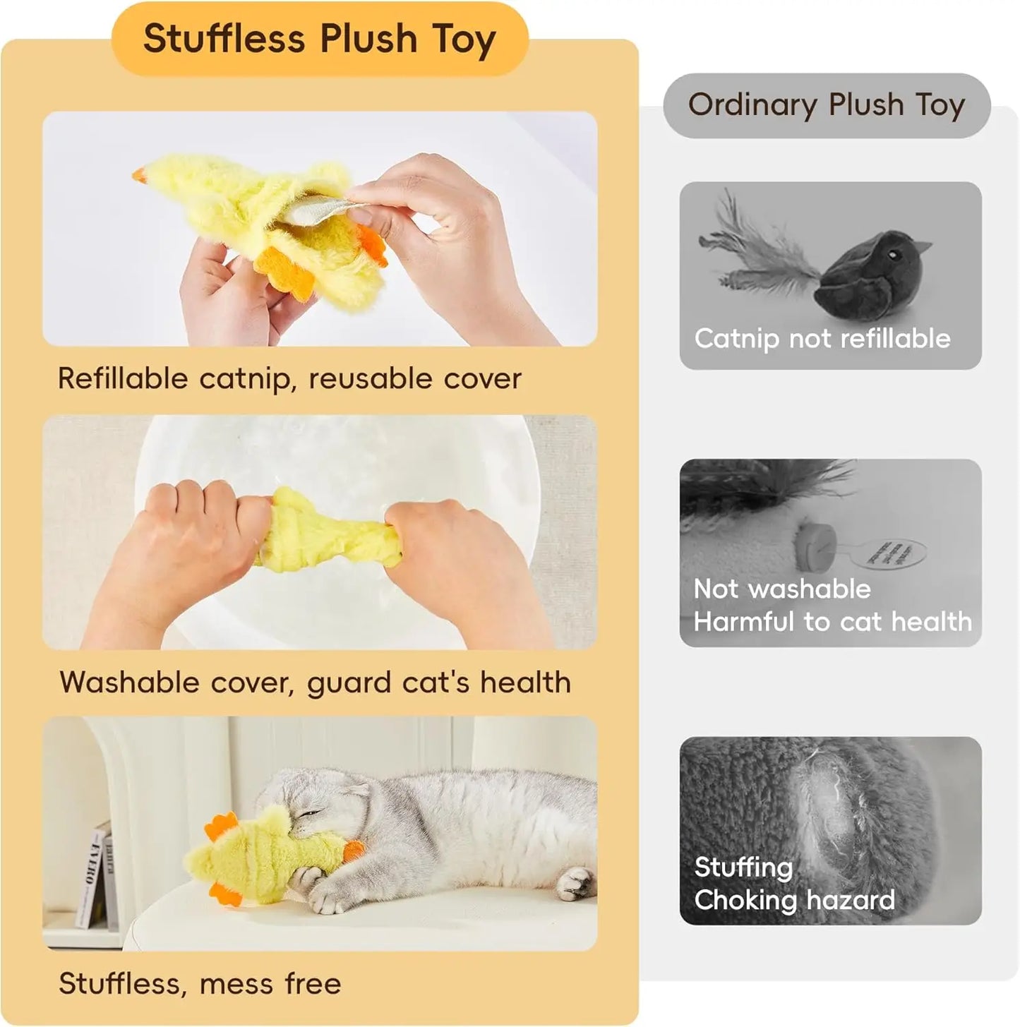 Cat Toys Catnip Crinkly Sound 2 Pcs, Mess-Free Stuffless Kitten Toy, Durable Feline Bite Interactive Kicker Toys for Ca