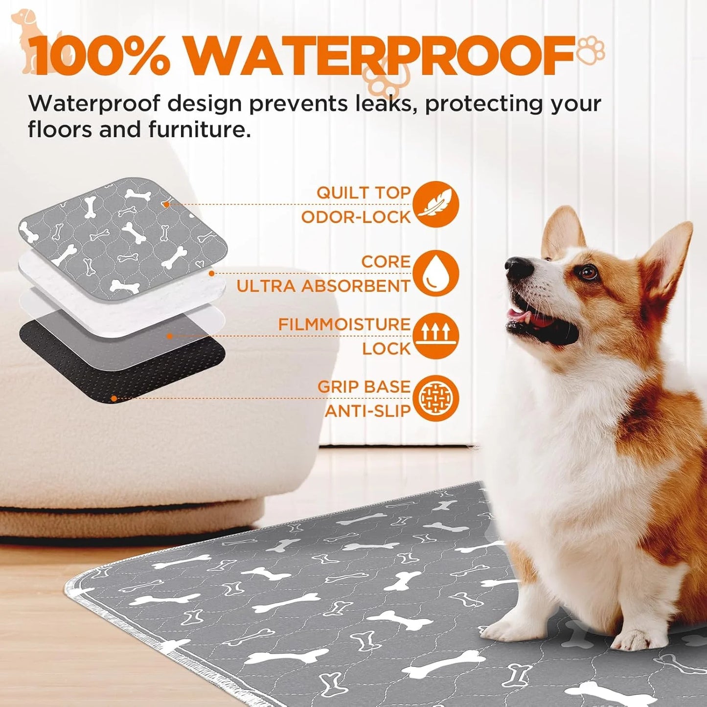 Washable Dog Pee Pads, 2 Pieces 18inchx24inch / 34inch X 36inch Reusable Puppy Pee Pads, Absorbent Pee Pads with Bone Print, Non-Slip Waterproof Pet Training Pads, Suitable for Sofas, Slatted Beds