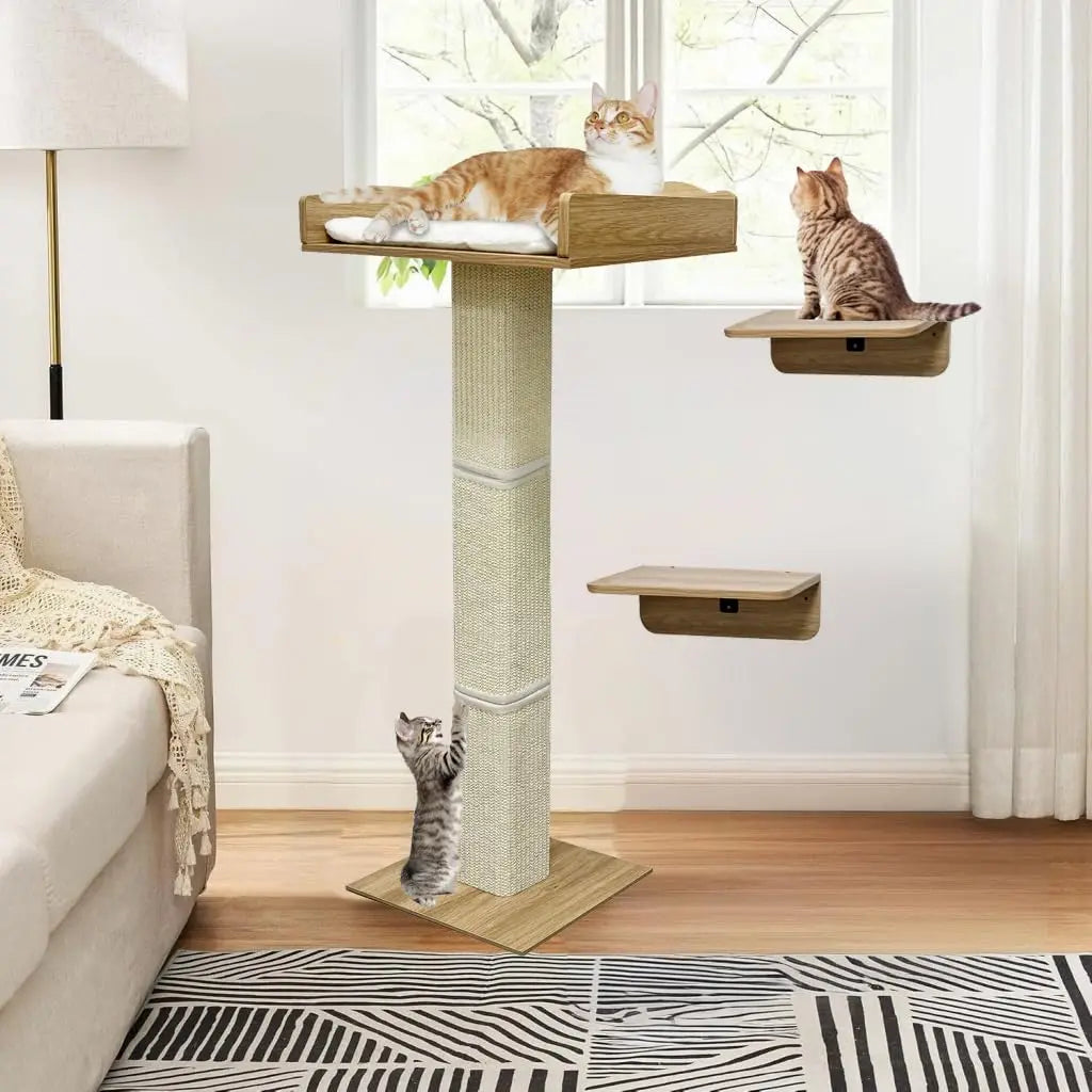 Window Cat Tree Cat Perch with Tall Scratching Posts and 2 Platforms, 40" Sisal Climbing Kitten Tree Hammmock with Suction Cups,