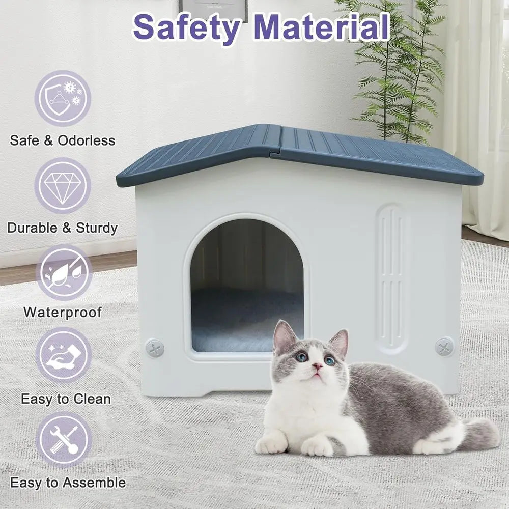 Weatherproof Indoor/Outdoor Plastic Cat House with Escape Hatch, Soft Mat, and Easy Assembly - Grey