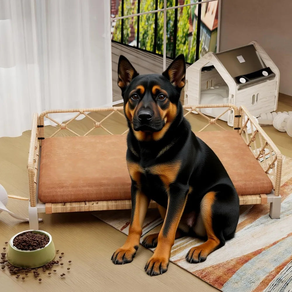 brown wicker orthopedic dog bed with removable washable cushion and egg crate foam support for outdoor use