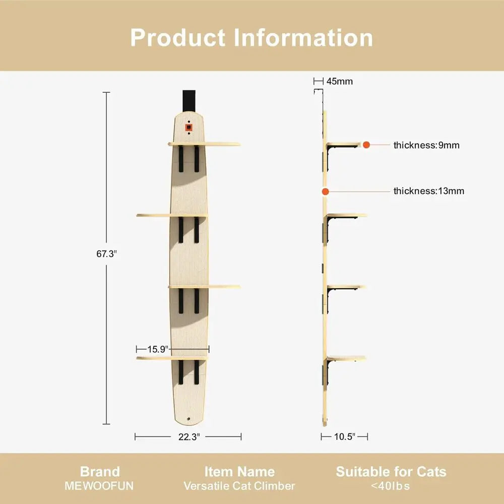 Vertical 4-Level Door-Mounted Cat Tree Tower with Carpeted Perch for Indoor Cats (67.3H x 22.3L x 10.5W)