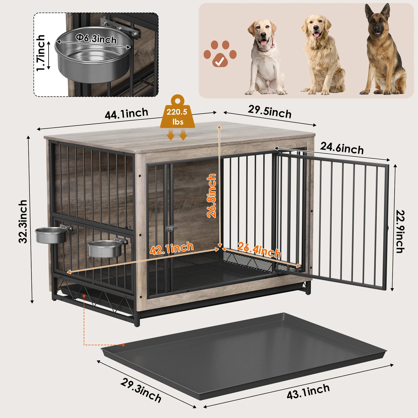Furniture Style Dog Crate,Wooden Heavy Duty Dog Kennel with Adjustable Raised Feeder for Dogs 2 Stainless Steel Bowls Brown/Gray