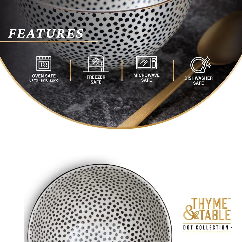 Durable Stoneware Pet Bowl – Black & White Dot Design – Ceramic Cat & Dog Feeding Dish – Microwave & Dishwasher Safe