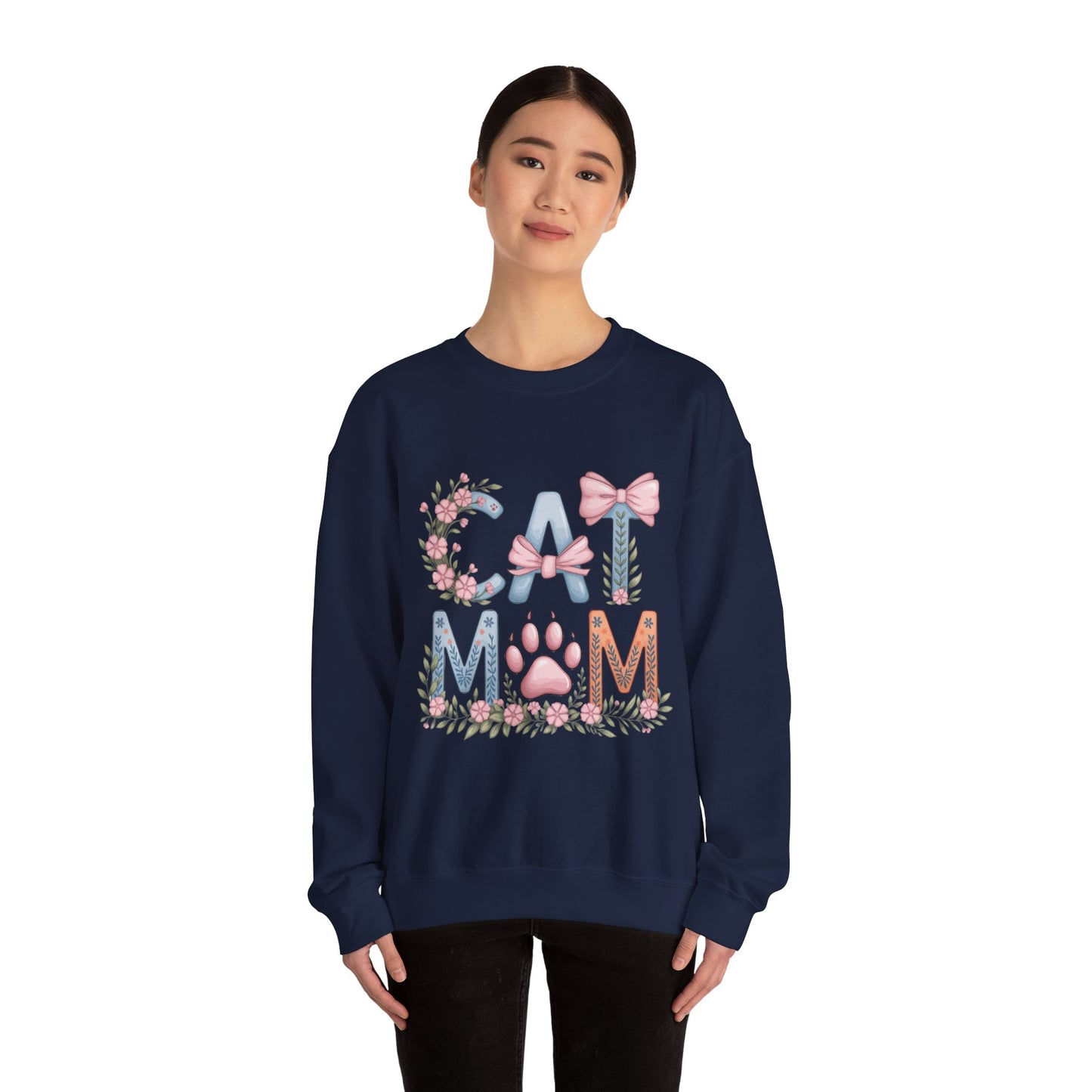 Cat Mom Crewneck Sweatshirt — Floral Paw Print Design