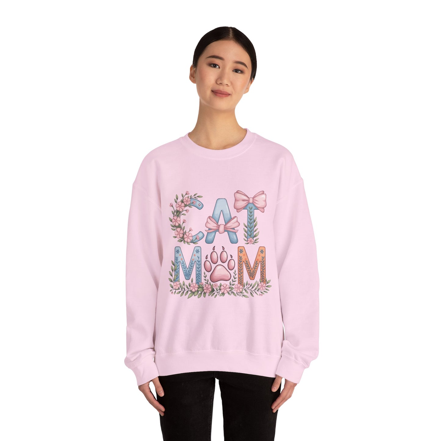 Cat Mom Crewneck Sweatshirt — Floral Paw Print Design