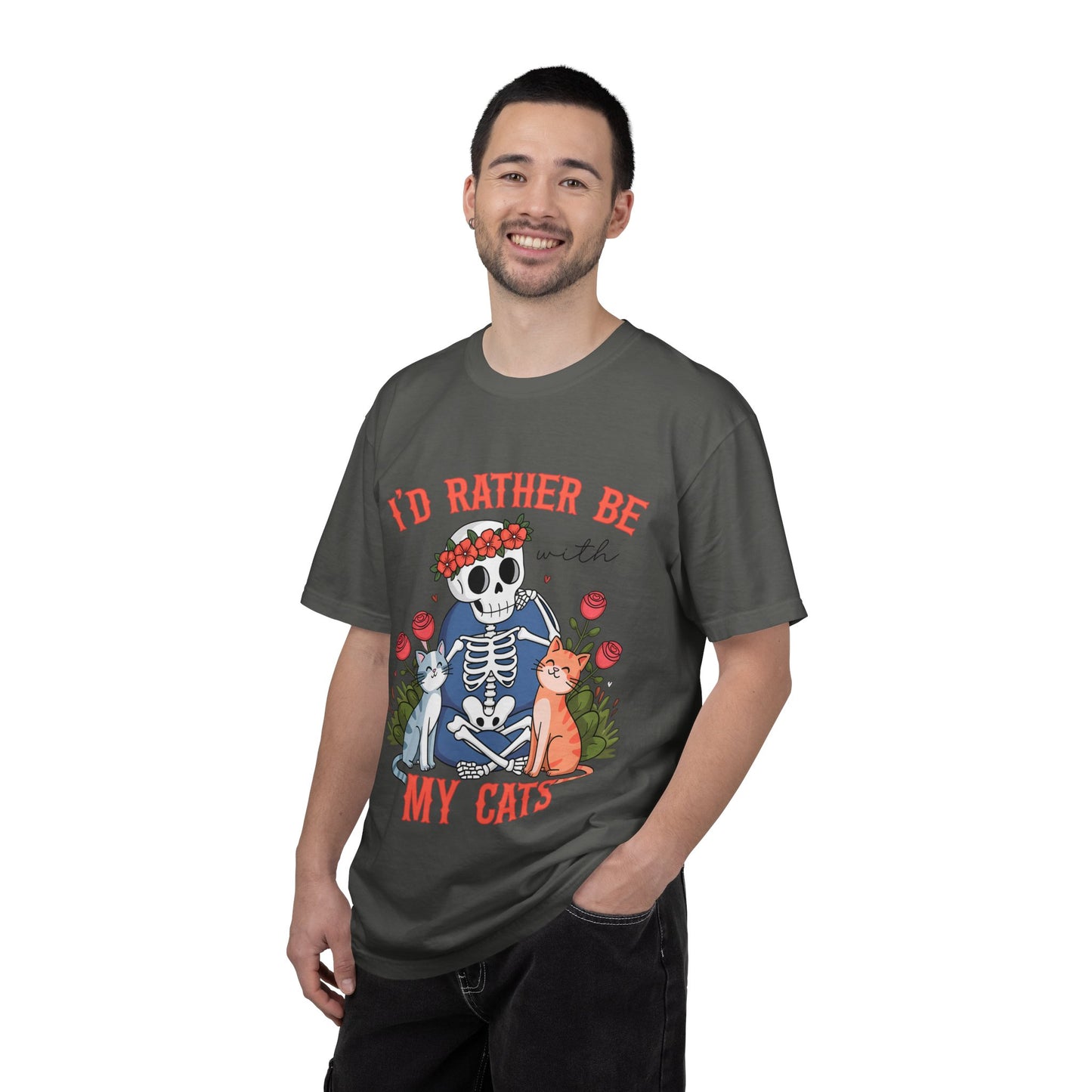 I'd Rather Be With My Cats T-Shirt — Cute Skeleton & Cats Graphic Tee for Cat Lovers