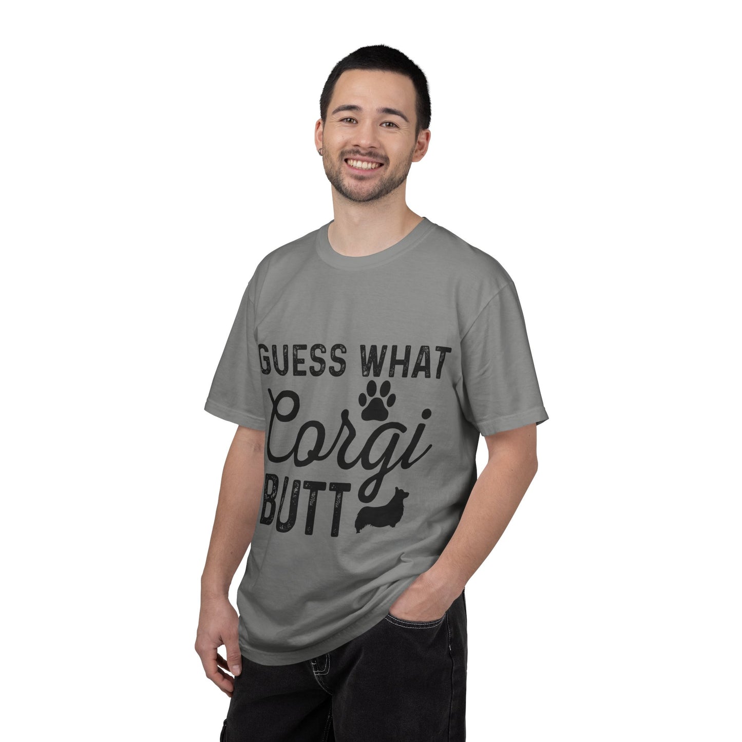 Guess What Corgi Butt T-Shirt — Funny Corgi Paw & Silhouette Tee for Dog Lovers