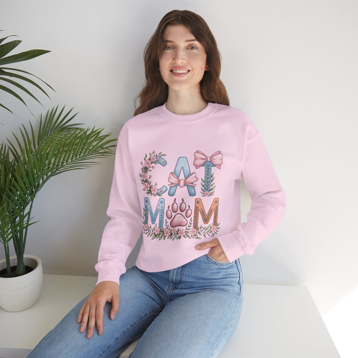 Cat Mom Crewneck Sweatshirt — Floral Paw Print Design