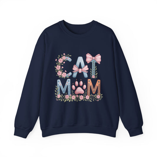 Cat Mom Crewneck Sweatshirt — Floral Paw Print Design