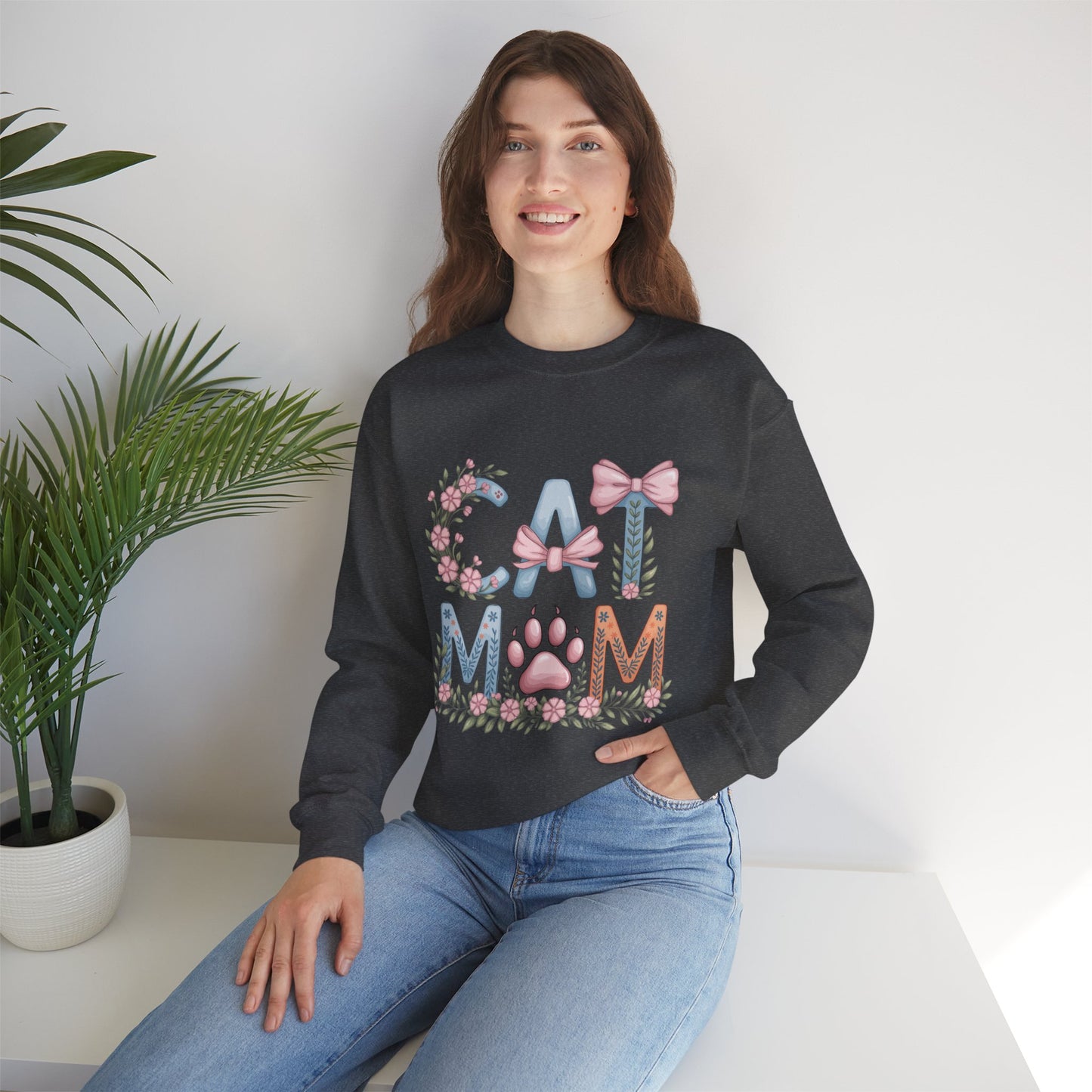 Cat Mom Crewneck Sweatshirt — Floral Paw Print Design